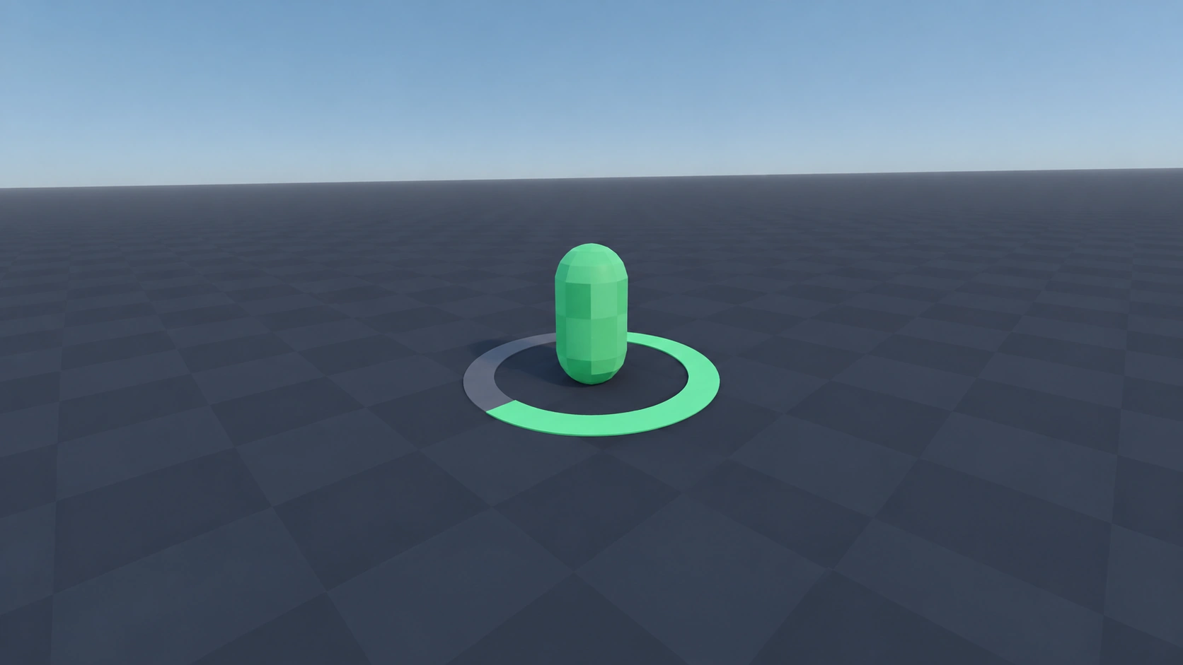 A green capsule character standing in a ring on the floor that is three-quarters filled, like a cooldown dial.