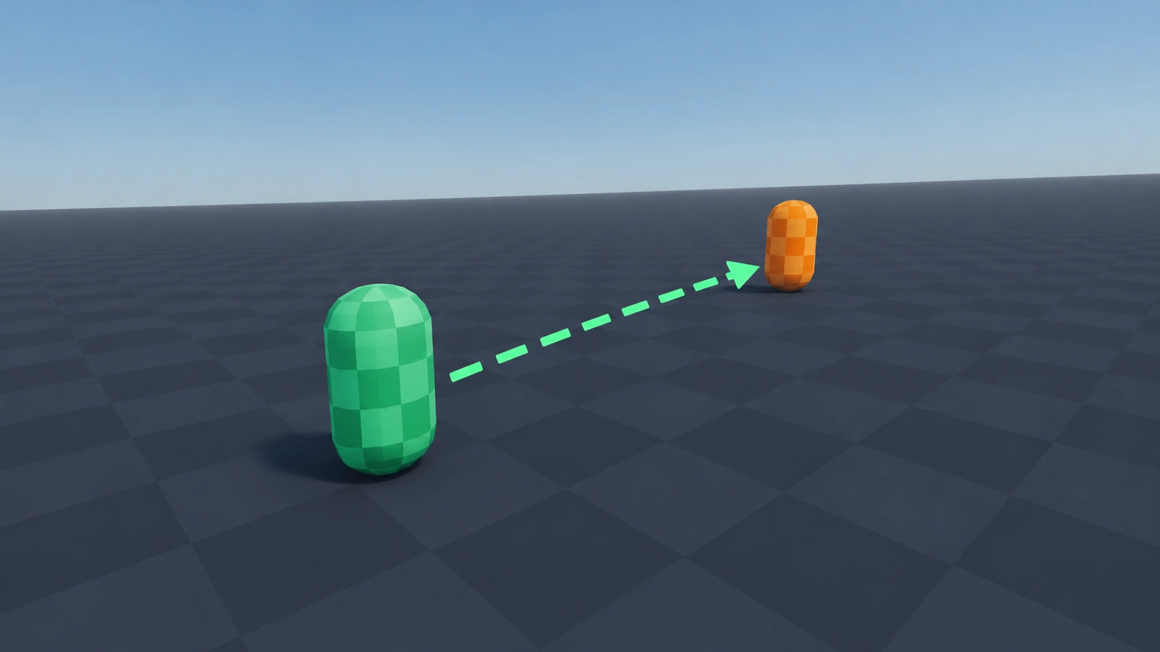 A green capsule with a dashed arrow pointing at the smaller orange capsule it is following.