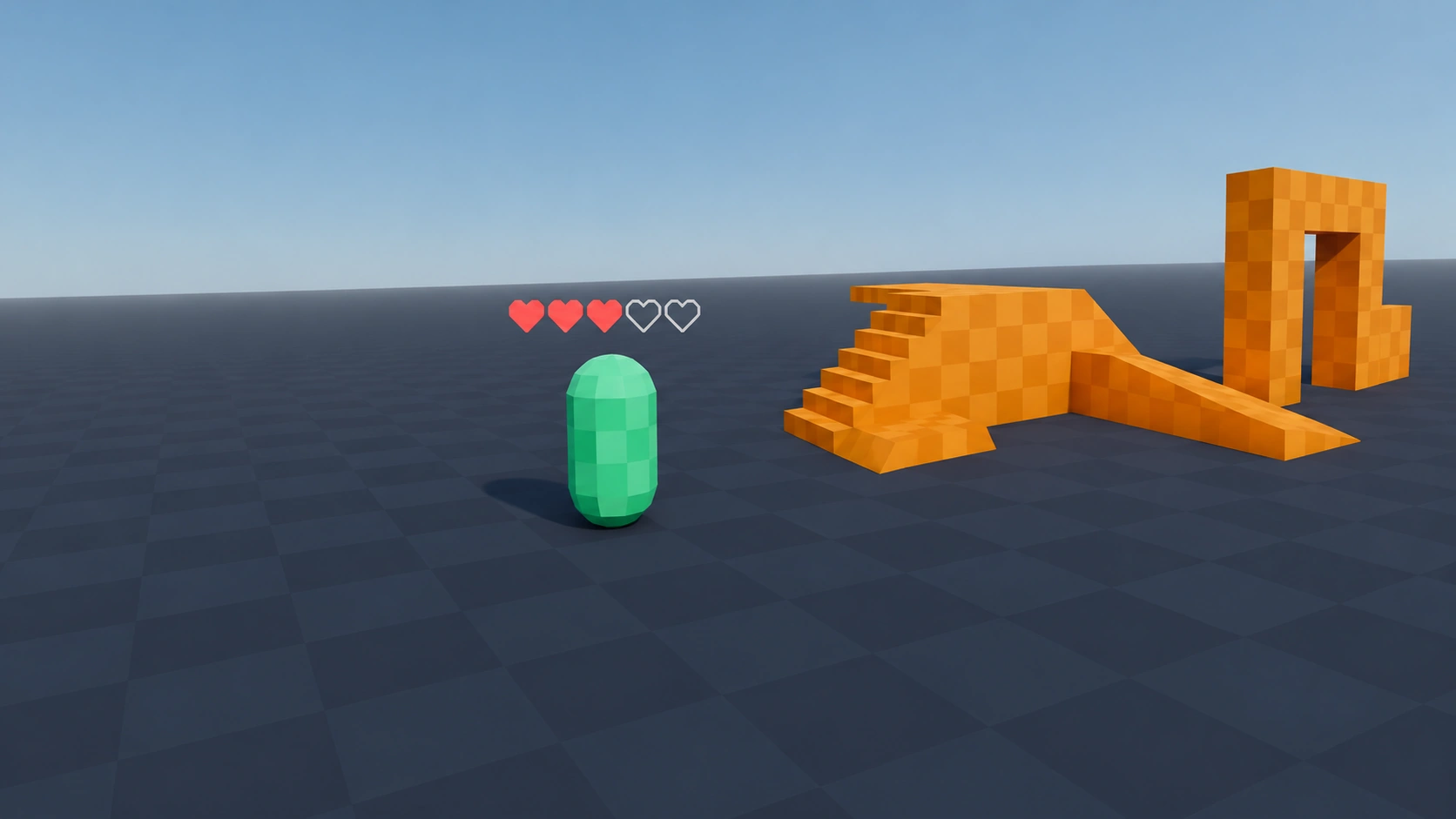 A green capsule character with five hearts above it, three filled and two empty.