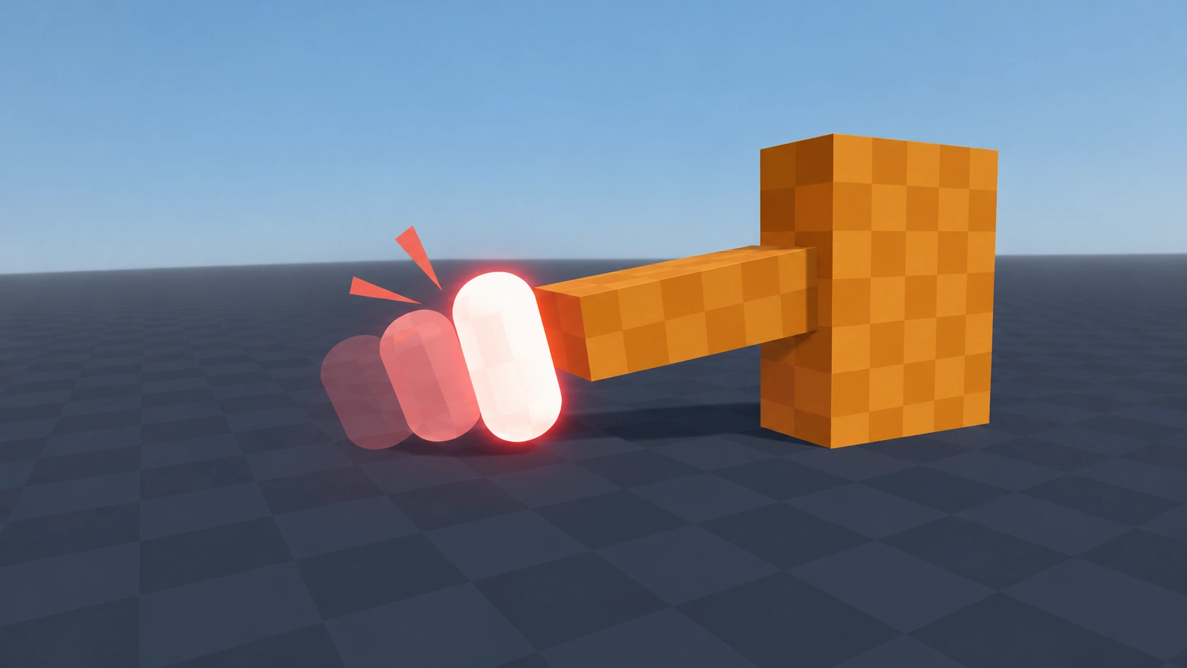 A capsule character glowing white as an orange block strikes it, with faded red afterimages behind it.