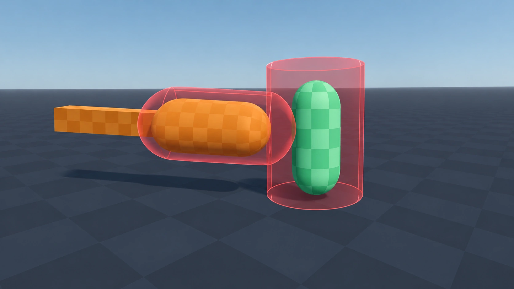 A green capsule inside a translucent red cylinder, struck by an orange capsule that has its own translucent red shape around it.