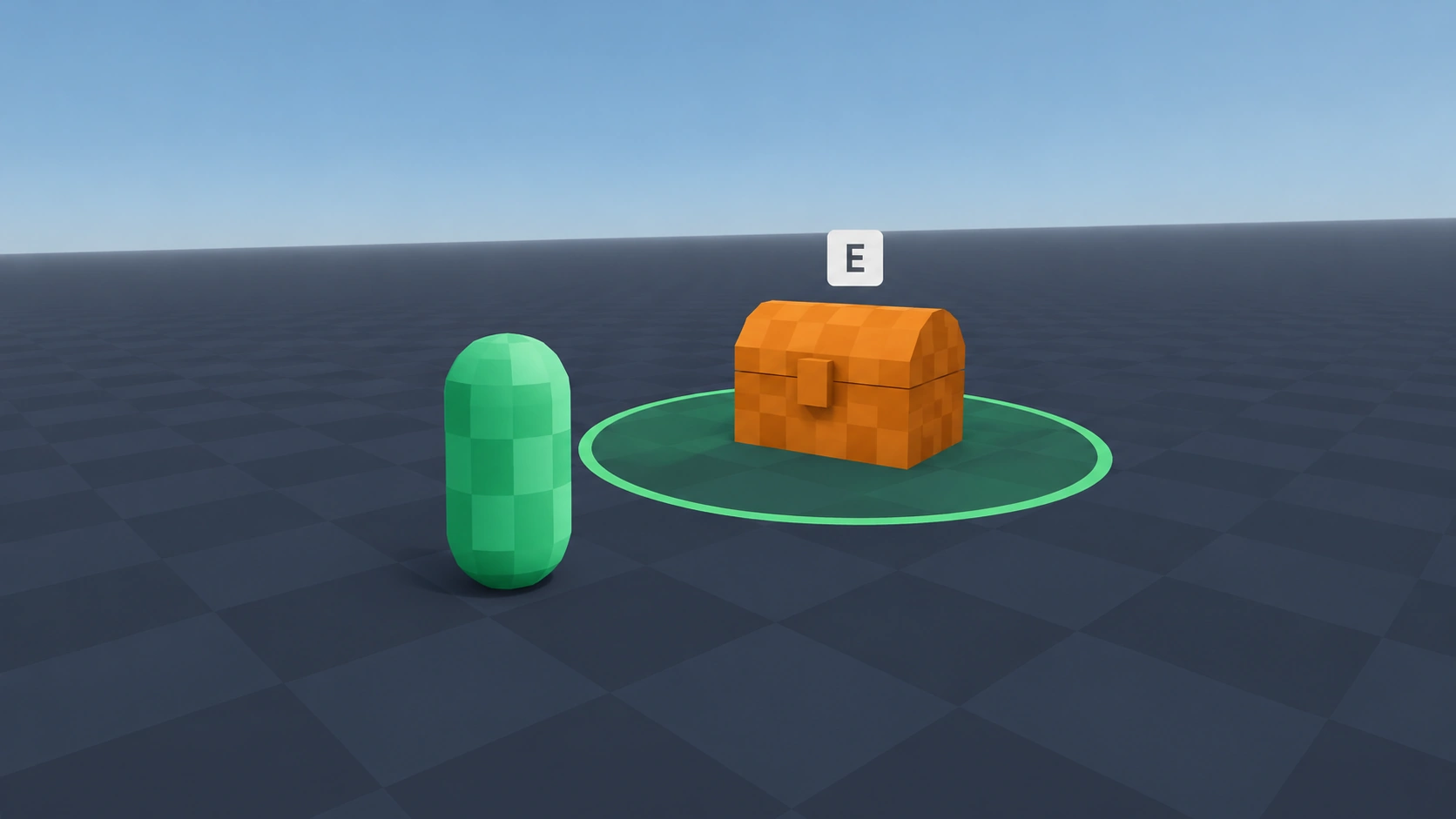 A green capsule character at the edge of a green circle around a treasure chest, with an E key prompt above the chest.