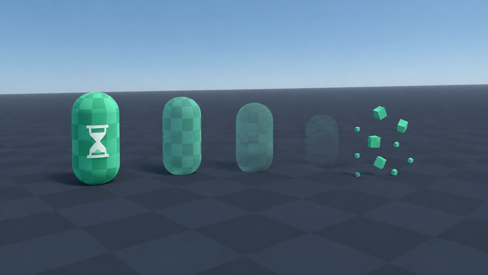 A green capsule marked with an hourglass, shown fading in four steps and finally breaking into small cubes.