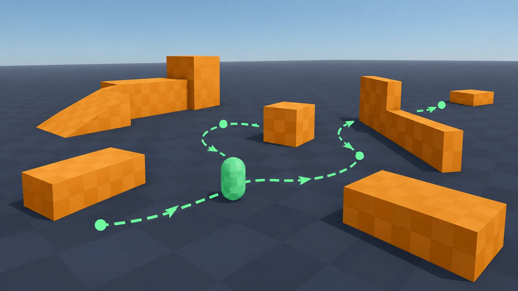 A green capsule character following a winding dashed path between orange blocks.