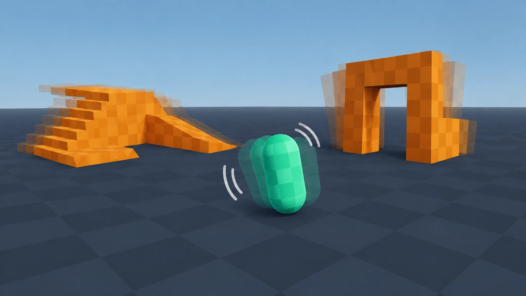 Orange blocks and a green capsule character drawn with motion blur, as if the camera were shaking.